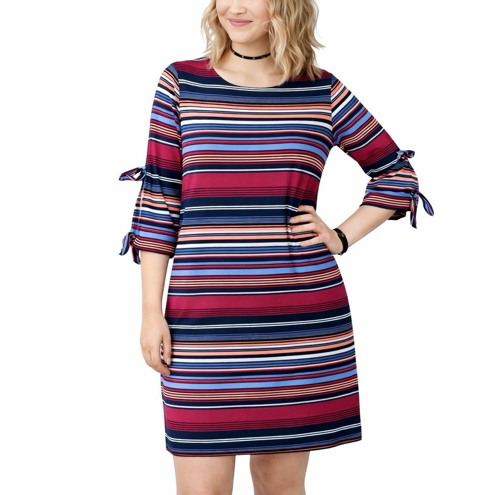 Striped Mini Dress 3/4 Sleeve Stretchy Pink Multicolor Pit to Pit 22” Size XL 🚨
